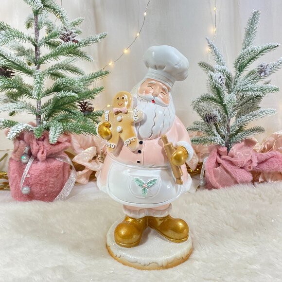 Pink Santa Claus Gold Christmas Baker Holiday Gingerbread Cookie Figure Statue - Picture 4 of 4